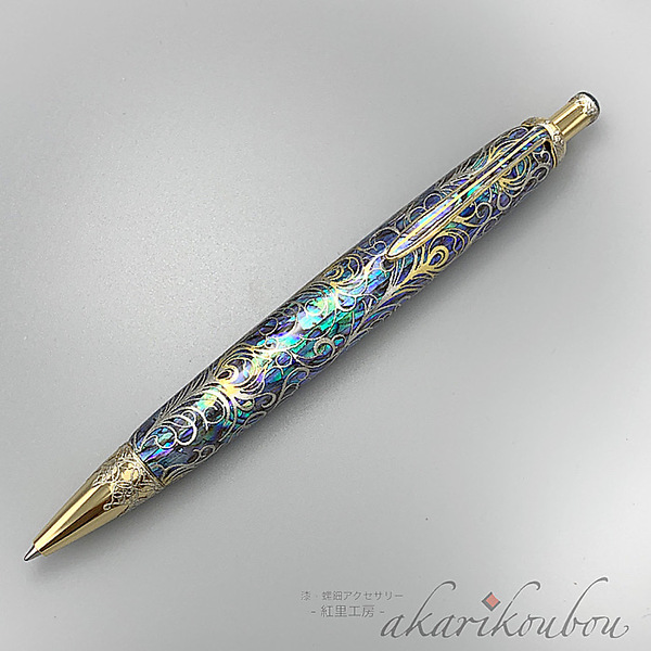 ヤマダモール | 螺鈿ボールペン 孔雀羽根紋様 瑠璃色螺鈿 純金箔 
