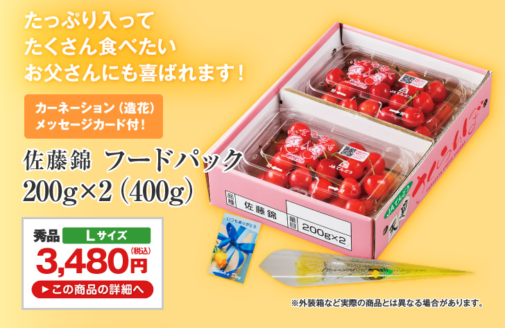 佐藤錦 フードパック 200g×2（400g） | たっぷり入ってたくさん食べたいお父さんにも喜ばれます！