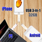 iPhone USBメモリ フラッシュ ドライブ microUSB 3-in-1 32gb iDragon iPad iPod touchの容量不足解消 パスワード保護 回転式 超高速 iOS / WindowsPC / Mac /Aandroid アンドロイド対応 アルミニウム合金製 32GB