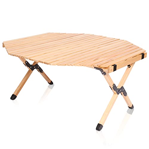 Shinyever ウッドロールトップテーブル キャンプ テーブル アウトドア テーブル ロールテーブル 八角形テーブル 天然木製 折りたたみ 収納バッグ付き (ナチュラル)