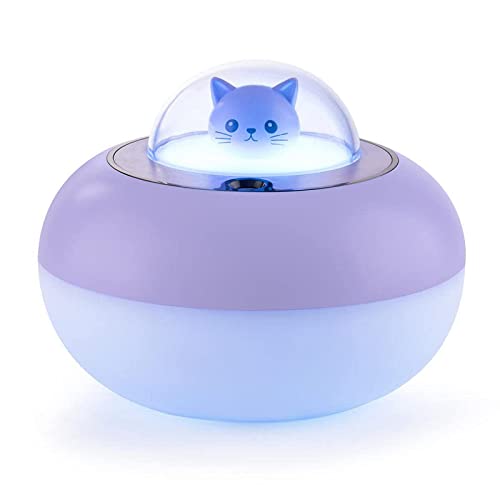 猫 加湿器,かわいい猫の常夜灯、ライト付きUSB小型加湿器、かわいい猫とペットの寝室用加湿器、7色のナイトライト ミニコールドフォグ加湿器、子供、保育園、ホームオフィスのデスクトップに適しています（300 ml）,紫色