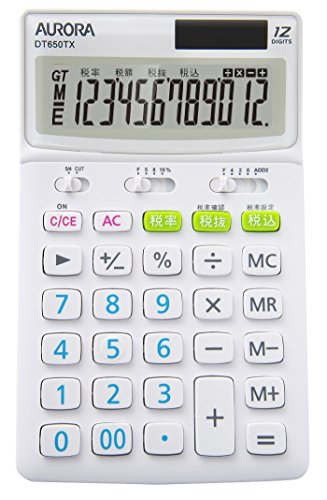 オーロラジャパン 電卓 12桁 税率切替スイッチ付 DT650TX‐W 白