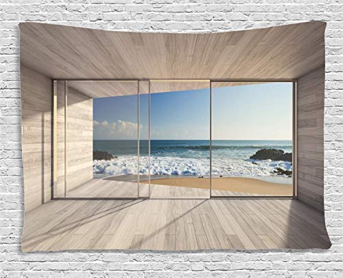 Jocarモダンなタペストリー、空のモダンなラウンジエリア、大きな窓と海の波の岩のアートの眺め絶妙な創造的な家の装飾壁掛けタペストリー150x230cm