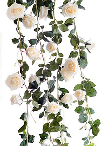 Kugusa バラ ガーランド 造花 シルク フラワー 装飾 インテリア スワッグ パーティー (白・ホワイト)