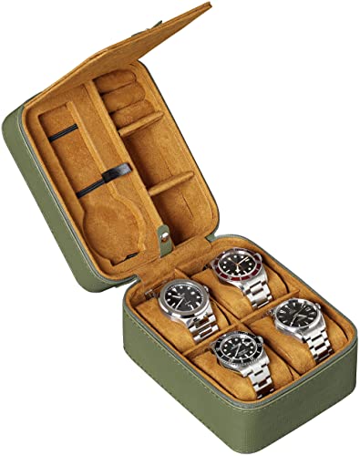 腕時計5個 トラベルケース ストレージオーガナイザー 腕時計5個用 丈夫なポータブル保護 ファスナー付き すべての腕時計&スマートウォッチに対応 (グリーン/タン)