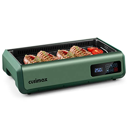 CUSIMAX 吸煙グリル調理器 煙の少ない焼肉プレート 1200W 温度調節８段階 タイマー機能 吸煙機能付き 着脱式ホットプレート グリーン