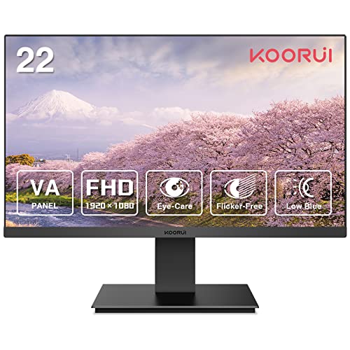 KOORUI 22インチコンピューターモニター　FHD 1080P/フルHD VAデスクトップディスプレイ75HZ超薄型スリムベゼル/アイケア/広い視野角178°/人間工学角度調整　PC用HDMI＋VGAポートLEDモニターVESAマウン