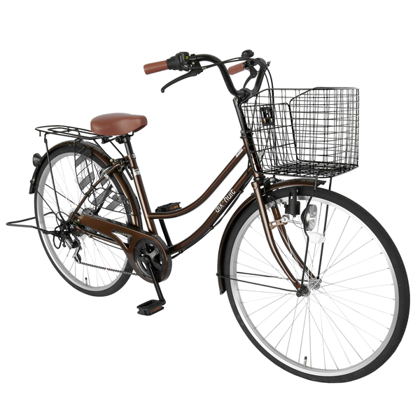 自転車 デザインフレームで人気 サントラスト ママチャリ 軽快車 ママチャリ 自転車 ブラウン  dixhuit 6段変速ギアフレーム 26インチ ギア付 鍵付 ハンドルとサドルが茶色でかわいいと大人気