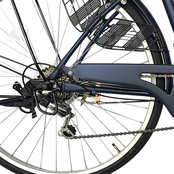 自転車 デザインフレームで人気 サントラストママチャリ 軽快車 ママチャリ 自転車 青色/ネイビー dixhuit6段変速ギアフレーム 26インチ  ギア付 鍵付  ハンドルとサドルが茶色でかわいいと大人気。