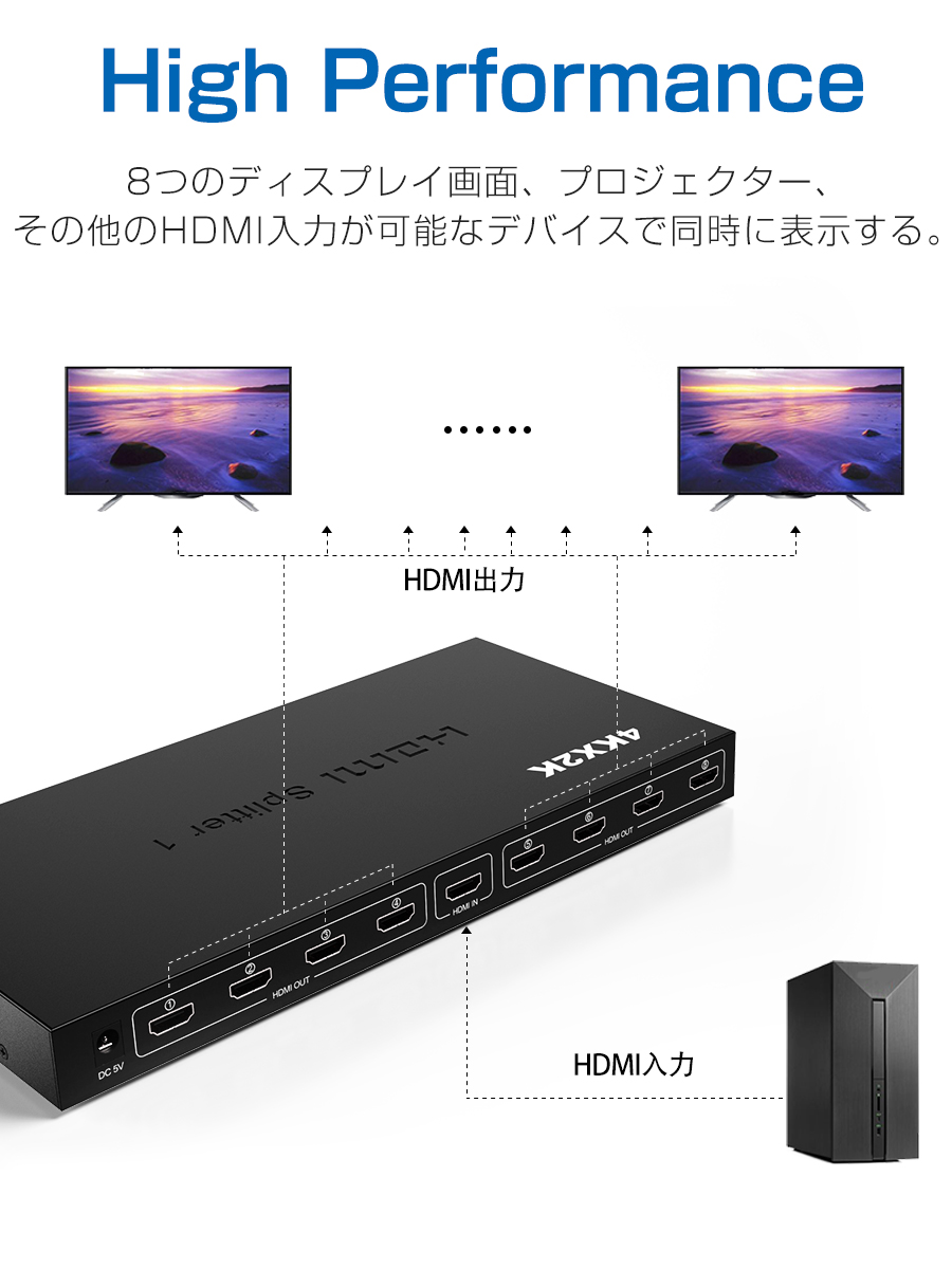 HDMI分配器 hdmi スプリッター 1入力8出力 4k 2K 3D 対応 2160P HDMI1.4b HDCP 1.4 HDMI セレクター TV PC Xbox PS4 任天堂スイッチ Fire TV Stick AppleTV プロジェクター等に対応 宅配便送料無料 1ヶ月保証
