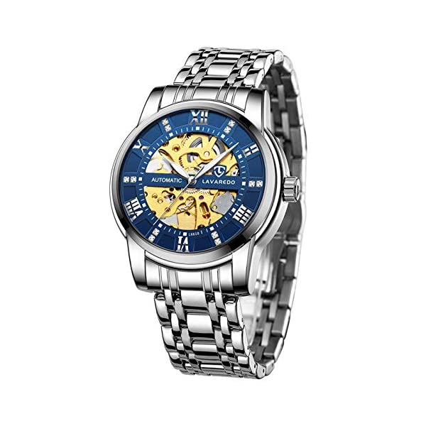 メンズ腕時計 機械式 スケルトン シルバース テンレススチール 卓越 高級 防水 自動 自動巻き ルミナス ダイヤモンド ローマ数字 ダイヤル 時計 ゴールドブルー