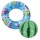 送料無料子供用 キッズ 浮き輪 （ うきわ ウキワ ) 乗り物デザイン 内周約80cm ＆ スイカのビーチボール（26cm） 楽しい水遊びセット #海 #プール