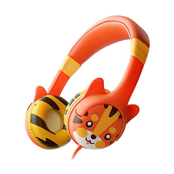 Kidrox Tiger Ear キッズ用ヘッドホン 85db 音量制限 調節可能で安全な聴覚保護 絡まないケーブル 有線オンイヤーイヤホン 子供 幼児 男の子 女の子用