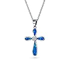 [Bling Jewelry] 宗教的なヴィンテージ スタイル信仰希望愛 CZ アクセント宝石ブルー オパール クロス ペンダント ネックレス女性ティーン .925 スターリング シルバー 10 月誕生日石を作成しました。