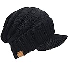 [FORBUSITE] つば付きニット帽 メンズ レディース 大きいサイズニットキャップ 裏起毛 防寒 厚手 B319 (ブラック(もっと厚い))