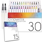 CHROMATEK 水彩筆ペン 30本 - 15ページ チュートリアルパッド オンラインビデオシリーズ - 本物の筆先 鮮やか ブレンド可能 - プロフェッショナルアーティスト品質 - 27色 - アクアペン3本