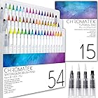 Chromatek (クロマテック) 54色のウォーターカラーペンと15ページのパッド 本物の筆のペン。 ブレンド用ブラシ4本。 簡単にブレンドできます。 色鮮やか。 なめらか。 ユニークな50色。 プロフェッショナルな画材。