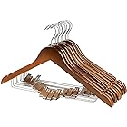 夢の家木製スーツハンガー クリップ付きハンガー 10本セット スーツ ジャケット コート用 手作 天然高級木 (茶色 10)