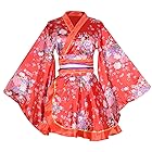 HONGFU レディース 花魁系 ロング 着物ドレス シフォン 桜 和風 浴衣 コスチューム コスプレ衣装 帯付き 赤