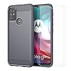 FZYM Motorola Moto G30 ケース+ [2パック]スクリーンプロテクター強化ガラス保護フィルム、グレーカーボンファイバーシェルソフトシリコンTPU電話ケースカバー 用 Motorola Moto G30 (6.5"")