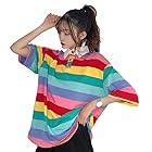[MIKANHX] レディース 半袖 ボーダー tシャツ ゆったり ロング丈 ビッグシルエット 襟付き 虹色 カラフルファッション 大きめtシャツ 可愛い トップス 韓国風 カジュアル(4レッド)