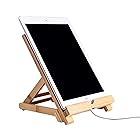木製タブレットスタンド 調節可能な折りたたみ式竹製iPadスタンド タブレットホルダー 充電可能な穴付き デスク用