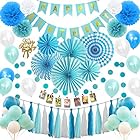 Hanakaze ブルー 誕生日 飾り付け セット 豪華100点 バースデー 飾りケーキトッパー、フォトクリップ、紙のファン、ペーパー フラワー、誕生日のバナー、タッセルガーランド、キラキラスターガーランド、風船を含む