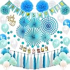 Hanakaze ブルー ベビーシャワー 飾り付け 可愛いセット出産祝い 豪華100点 バースデー 飾りケーキトッパー、フォトクリップ、紙のファン、ペーパー フラワー、誕生日のバナー、タッセルガーランド、キラキラスターガーランド、風船を含む