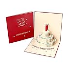oumii 誕生日カード ケーキ 立体カード バースデ グリーティングカード ポップアップカード メッセージカード 感謝 誕生日 お祝い 封筒付き 2色 (レッド)