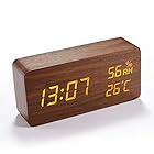目覚まし時計 置き時計 木製 大音量 おしゃれ デジタル インテリア 温度湿度計 プレゼント 部屋飾り (ブラウン)