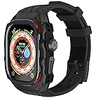 高級メタルケース Apple Watch Ultra 1/2 49mmバンド カバー付き 高耐久 頑丈なケース シリコンストラップ 男性用フル保護カバー (Black)