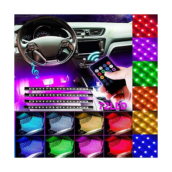 HMT LEDテープライト 車イルミネーション 高輝度RGB18LED/本 4本 防水 足下照明 車内装飾用 音に反応フットランプ 全8色に切替シガーソケット給電 リモコン付き車内フロアライト