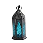 モロッコランタン・キャンドルホルダー 高さ24cm オリエンタルランプ6面のレリーフガラス Morocco Lantern Candle holder (ターコイズブルー)