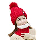ポンポンニット帽 同色のネックウォーマー&便利なミラーシール付 雪山/スキー/スノボの防寒対策 にも (レッド)