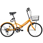 20インチ 折りたたみ自転車 AJ-08-T ミニベロ シマノ6段ギア カゴ･ワイヤー錠･ライト付 (オレンジ)
