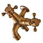 フェリモア 2口蛇口 水栓 交換 アンティーク風 真鍮製 レトロ 分配 散水栓 庭 屋外 リフォーム (ゴールド)