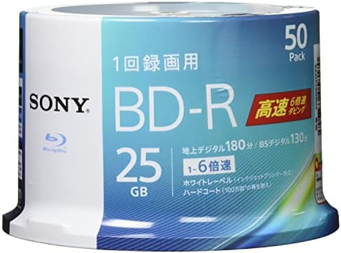 ソニー ブルーレイディスク BD-R 25GB (1枚あたり地デジ約3時間) 1回録画用 50枚入り 6倍速ダビング対応 ケース無し 50BNR1VJPP6