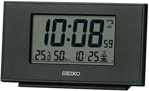 セイコークロック 置き時計 黒メタリック 本体サイズ:7.8×13.5×3.8cm 目覚まし時計 電波 デジタル カレンダー 温度 湿度 表示 SQ790K