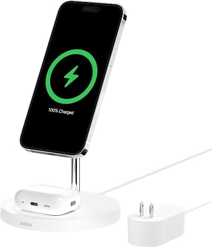 (VGP 2022受賞)Belkin 2 in 1 MagSafe充電器 最大15W高速充電 ワイヤレス充電器 MagSafe認証 iPhone 15 / 14 / 13 / 12 / AirPods 対応 ホワイト WIZ010dqWH