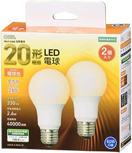 オーム電機 LED電球 E26 20形相当 電球色 全方向 2個入 LDA3L-G AG52 2P 06-4701 OHM
