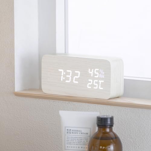 アイリスオーヤマ 目覚まし時計 デジタル 明るさ調整 温度・湿度表示 置き時計 省電力モード搭載 木目デザイン 多機能タイプ ホワイト ICW-01WH-W