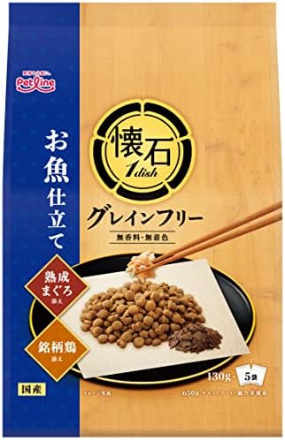 ペットライン 懐石1ｄｉｓｈ キャットフード グレインフリー お魚仕立て 熟成まぐろと銘柄鶏添え 650ｇ(130ｇ×5)ドライ グルメ トッピング 国産 単味 小分け 無着色 650g(130g×5)