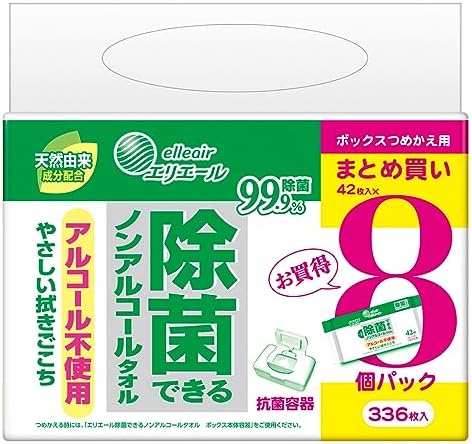 エリエール 除菌できるノンアルコールタオル ボックスつめかえ用 336枚（42枚×8パック）ウェットティッシュ (まとめ買い)