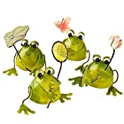 幸運をもたらす 4匹の小さなカエル プチ 置物 プレゼント インテリアとしても最高 ブリキ で作られた かわいい 蛙 の オブジェ （葉、網、花、蝶）