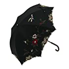 日傘 ショート日傘 完全遮光 遮熱 UVカット フェザー 羽 刺繍 かわず張り 涼しい 晴雨兼用傘 特殊2重張り (花鳥・ブラック)