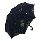 日傘 ショート日傘 完全遮光 遮熱 UVカット フェザー 羽 刺繍 かわず張り 涼しい 晴雨兼用傘 特殊2重張り (花鳥・ネイビー)