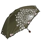 日傘 折りたたみ 遮光 遮熱 UVカット耐久撥水 3段折りたたみ日傘 晴雨兼用傘 2重張り 孔雀 刺繍 (カーキ)