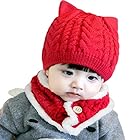 [ｍiaotti] [ミャオッティ]ベビーニット帽子 ネックウォーマーセット 赤ちゃん 新生児 冬 耳付き 防寒対策 0～2歳 フリーサイズ (レッド)