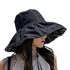 [NOA LINO] UVカット 帽子 レディース ハット 日焼け防止 折りたたみ あご紐付き 日除け つば広 紫外線カット (ブラック)