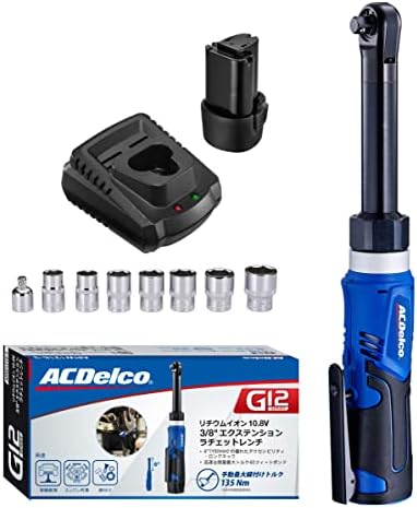 ACDelco G12 10.8V 充電式 ラチェットレンチ 3/8” (9.53mm) 最大トルク40ft-lbs (55Nm) 正逆転切替 LEDライト内蔵（日本語取扱説明書、ソケット付き）ARW1218-3P